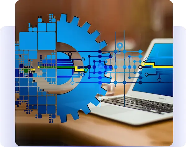 Blue gear and digital network graphic over a laptop computer.
