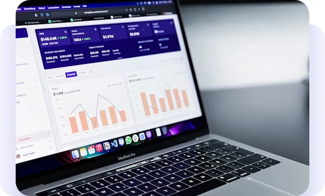 Laptop displaying an analytics dashboard with charts and performance metrics.